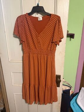 Serenity Rust Polka Dot Smocked Midi Dress